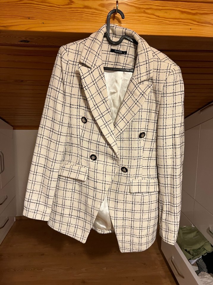 Bej Kareli Düğmeli Kadın Blazer Ceket - Görsel 5