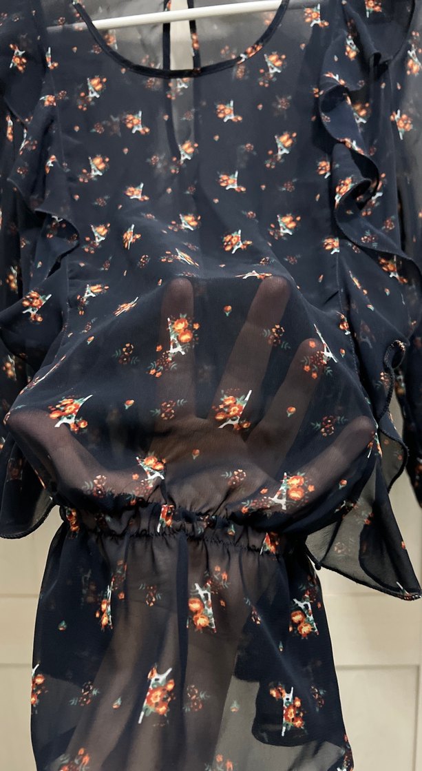 Uzun Kollu Fırfırlı Mavi Desenli Bluz - Görsel 2