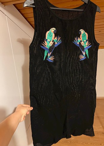 Nakışlı Siyah Mini Örme Elbise - Görsel 2