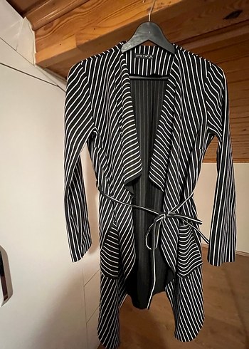 Çizgili Siyah Hamile Uzun Ceket - Görsel 3