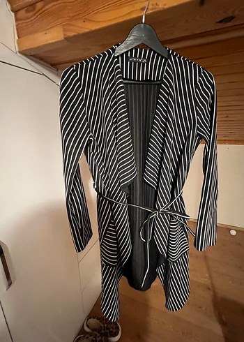 Çizgili Siyah Hamile Uzun Ceket - Görsel 5
