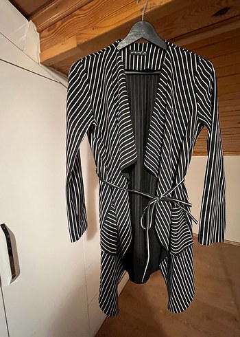 Çizgili Siyah Hamile Uzun Ceket - Görsel 2