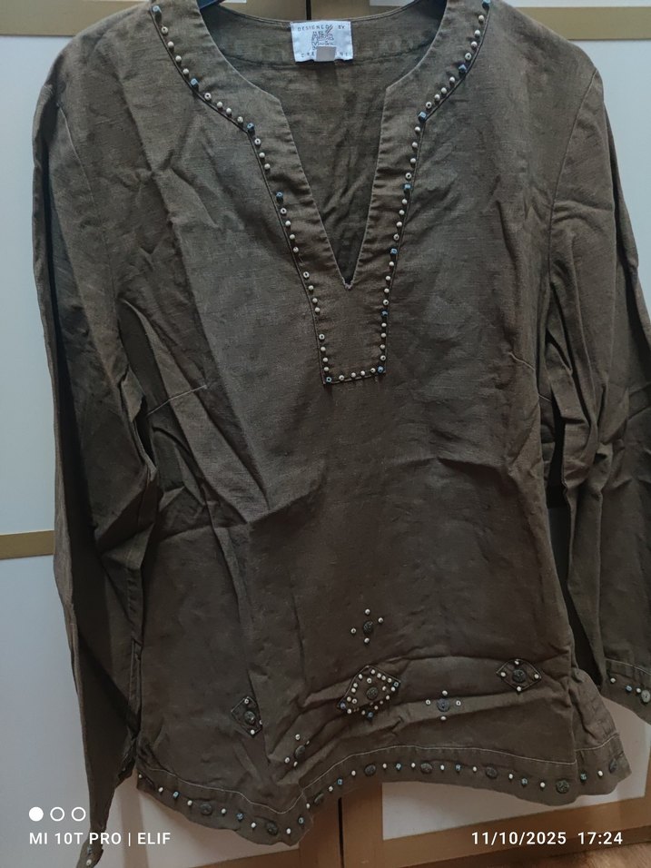 Nakışlı keten bluz bohem - Görsel 2