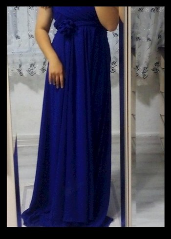 Mavi Uzun Drapeli Straplez Kadın Abiye - Görsel 2