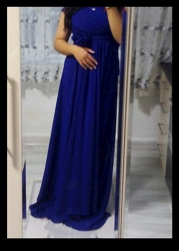 Mavi Uzun Drapeli Straplez Kadın Abiye - Görsel 4