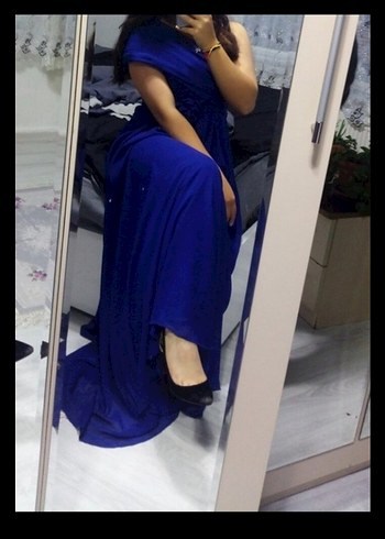 Mavi Uzun Drapeli Straplez Kadın Abiye - Görsel 3