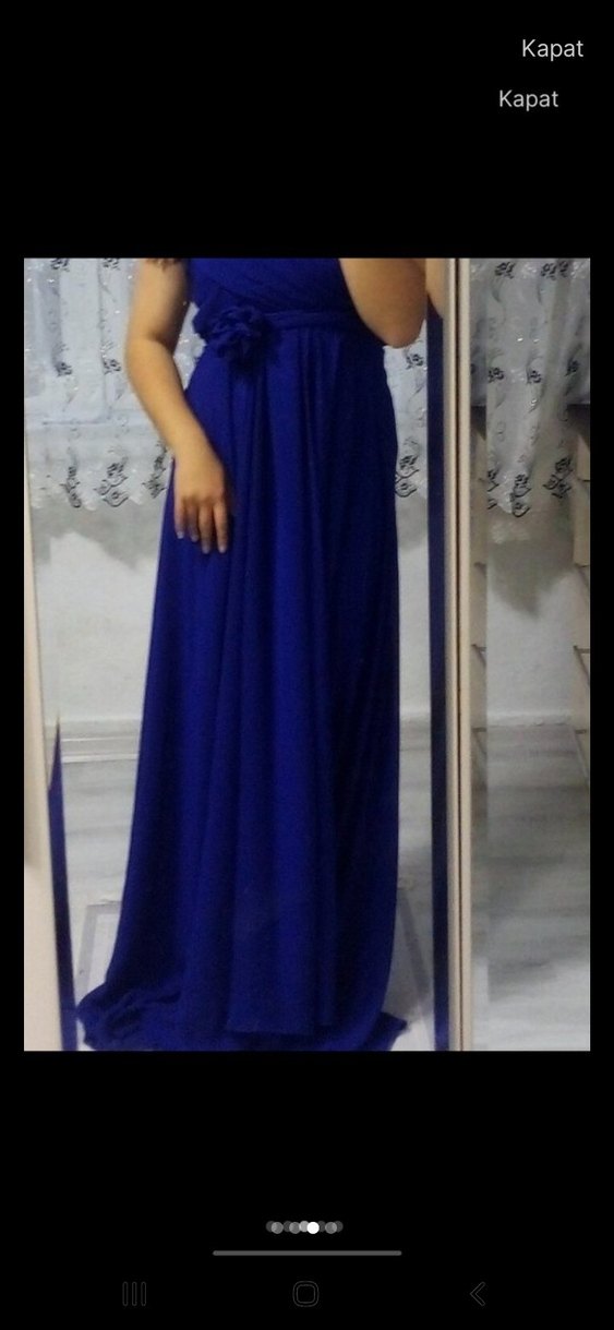 Mavi Uzun Drapeli Straplez Kadın Abiye - Görsel 2