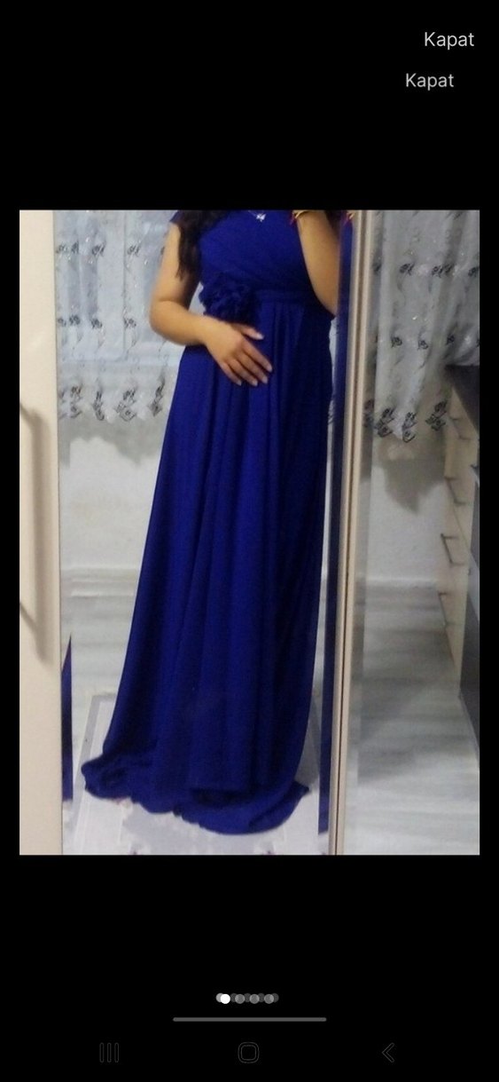 Mavi Uzun Drapeli Straplez Kadın Abiye - Görsel 4