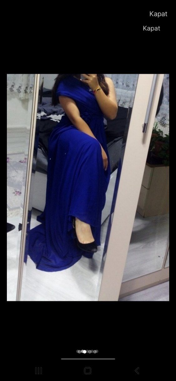 Mavi Uzun Drapeli Straplez Kadın Abiye - Görsel 3