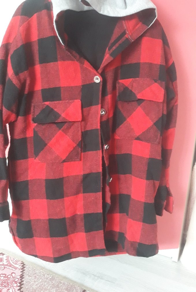 Kırmızı Siyah Kareli Düğmeli Kapüşonlu Gömlek - Görsel 2