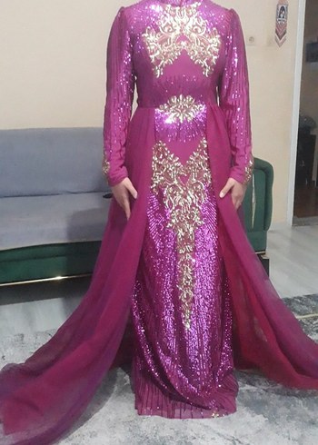 Uzun Kollu Parlak pembe Abiye Elbise - Görsel 2