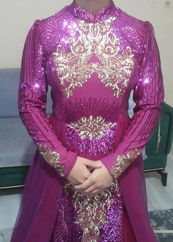 Uzun Kollu Parlak pembe Abiye Elbise - Görsel 3