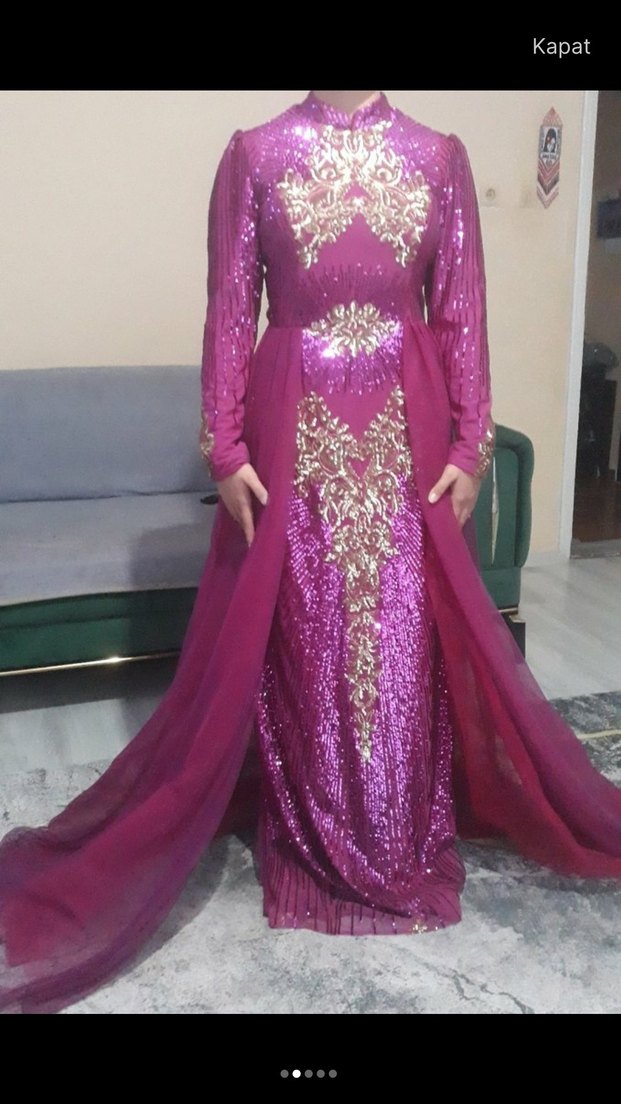 Uzun Kollu Parlak pembe Abiye Elbise - Görsel 2