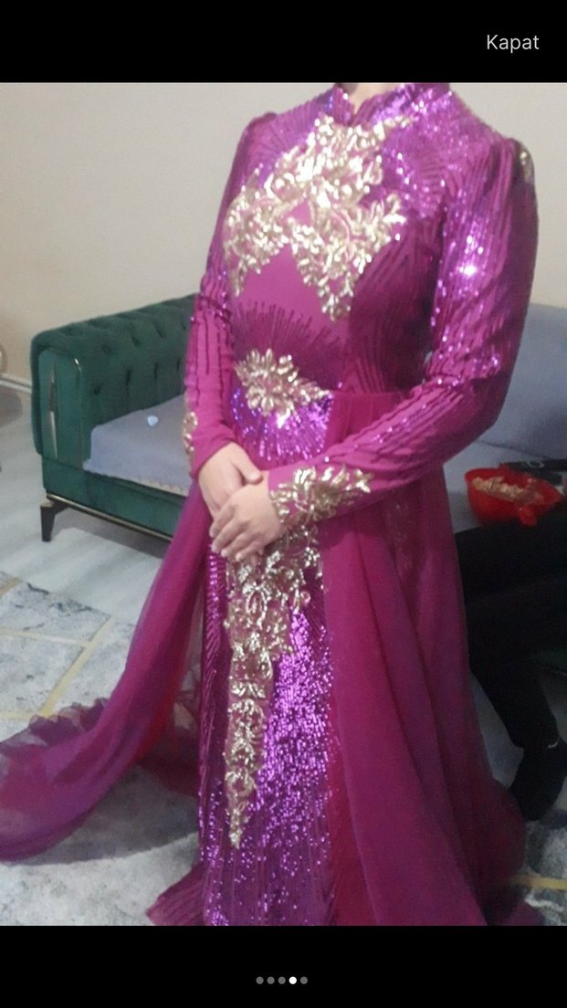 Uzun Kollu Parlak pembe Abiye Elbise - Görsel 4