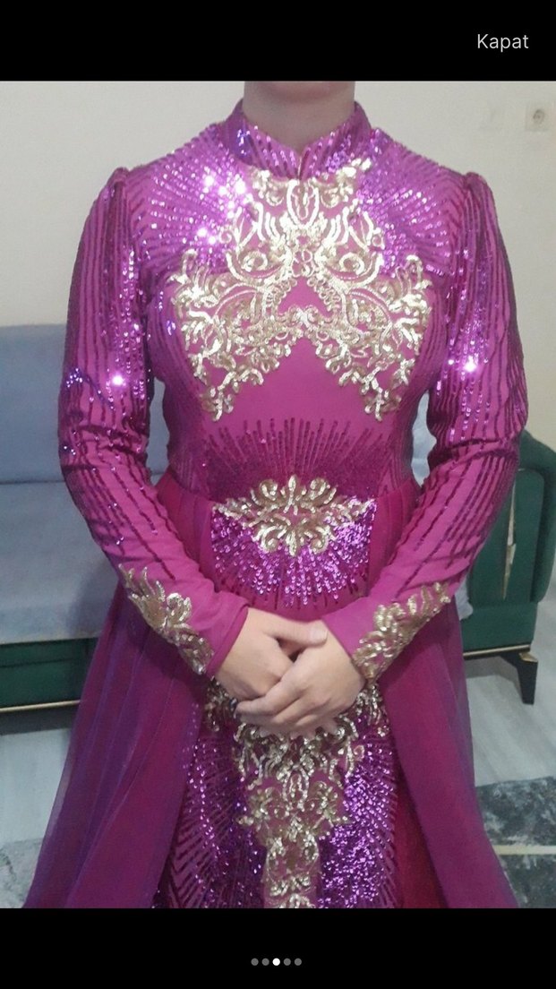 Uzun Kollu Parlak pembe Abiye Elbise - Görsel 3