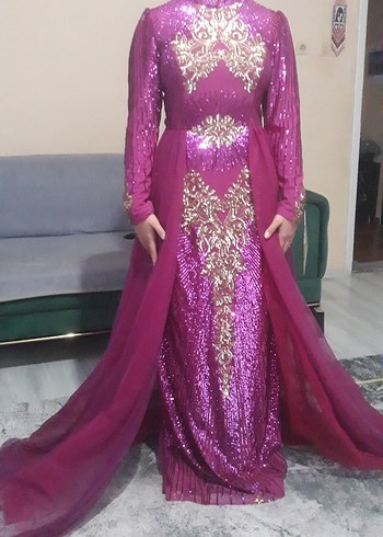 Parlak pembe Uzun Kollu Abiye Elbise - Görsel 2