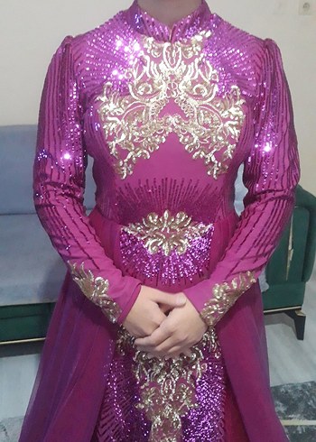 Parlak pembe Uzun Kollu Abiye Elbise - Görsel 3