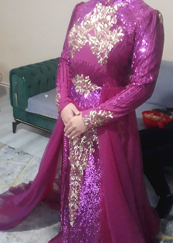 Parlak pembe Uzun Kollu Abiye Elbise - Görsel 4