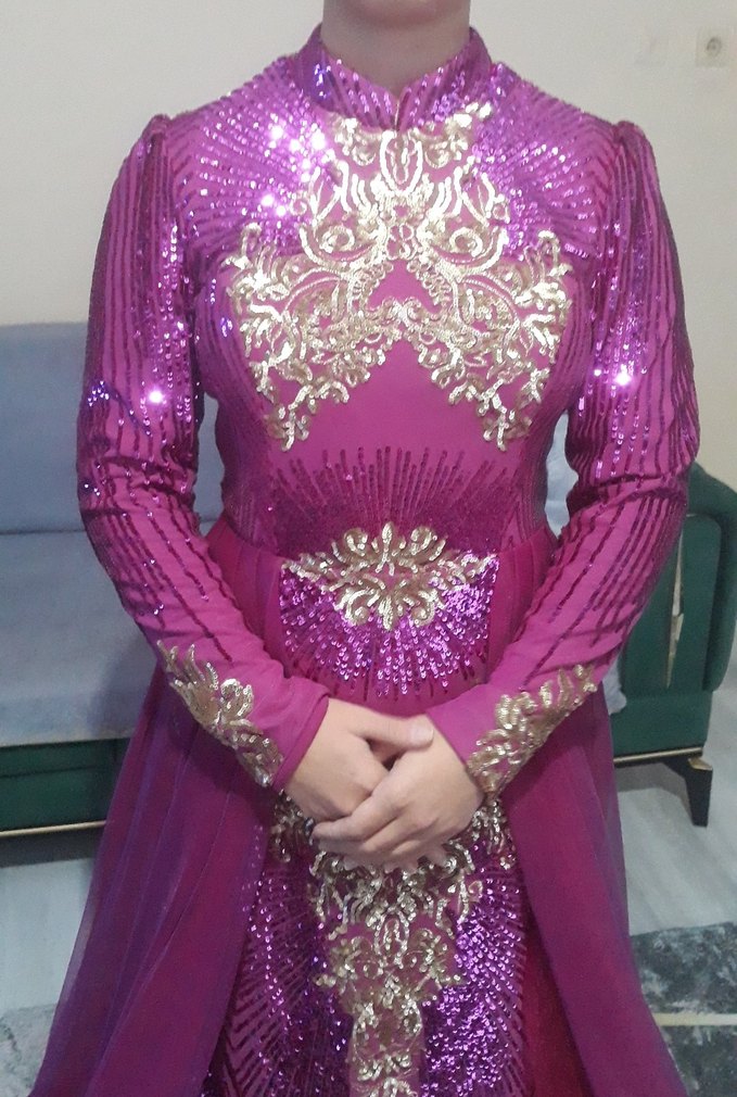 Parlak pembe Uzun Kollu Abiye Elbise - Görsel 3