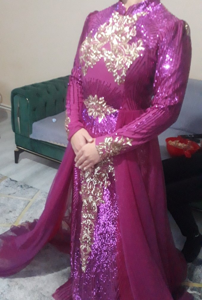 Parlak pembe Uzun Kollu Abiye Elbise - Görsel 4