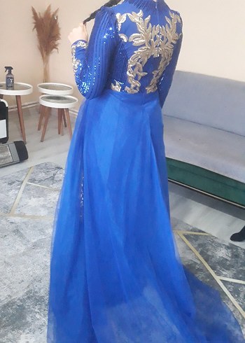 Parlak Mavi Uzun Abiye Elbise - Görsel 4