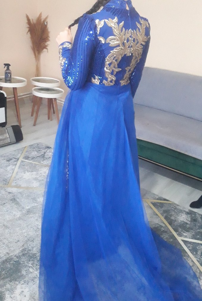 Parlak Mavi Uzun Abiye Elbise - Görsel 4