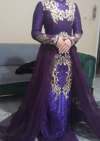 Uzun Kollu Parlak Mor Abiye Elbise - Görsel 2