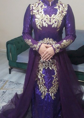 Uzun Kollu Parlak Mor Abiye Elbise - Görsel 3