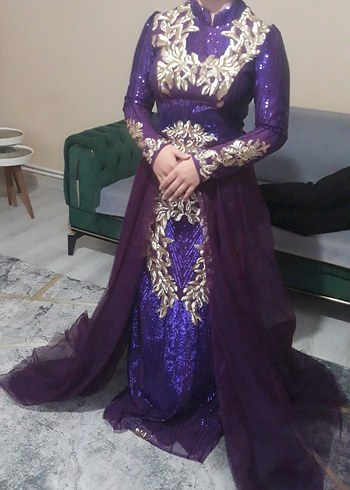 Uzun Kollu Parlak Mor Abiye Elbise - Görsel 6