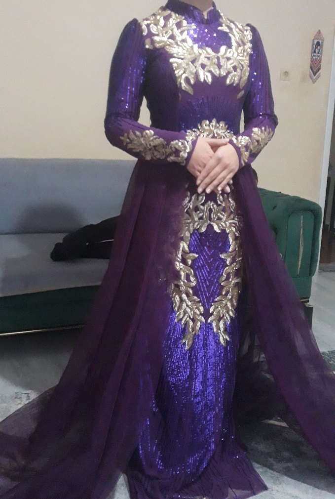 Uzun Kollu Parlak Mor Abiye Elbise - Görsel 2