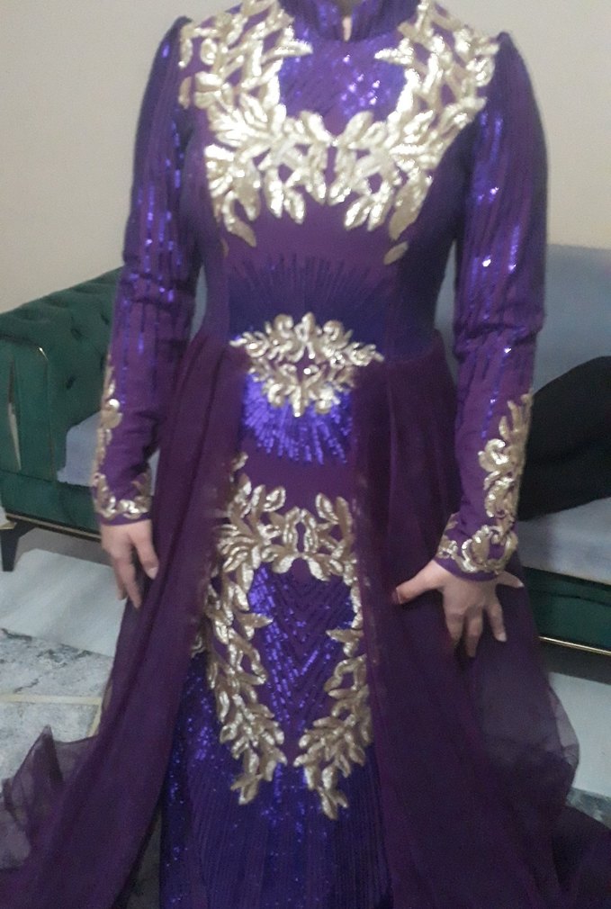 Uzun Kollu Parlak Mor Abiye Elbise - Görsel 5