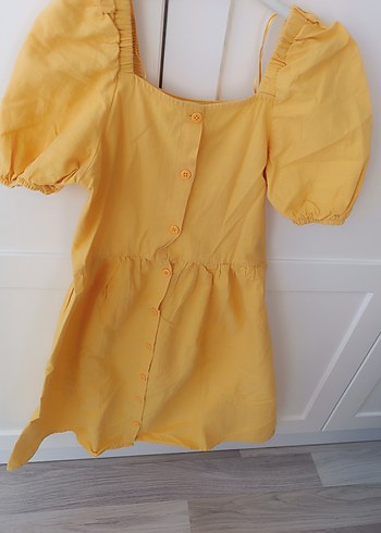 Sarı Kız Çocuk Keten Elbise - Görsel 2