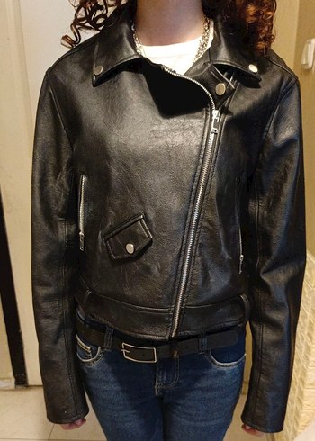 Kadın Siyah Deri Biker Ceket