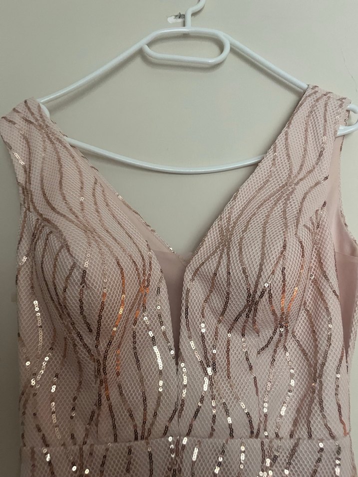 Pembe İşlemeli V Yaka Uzun Abiye Elbise - Görsel 3