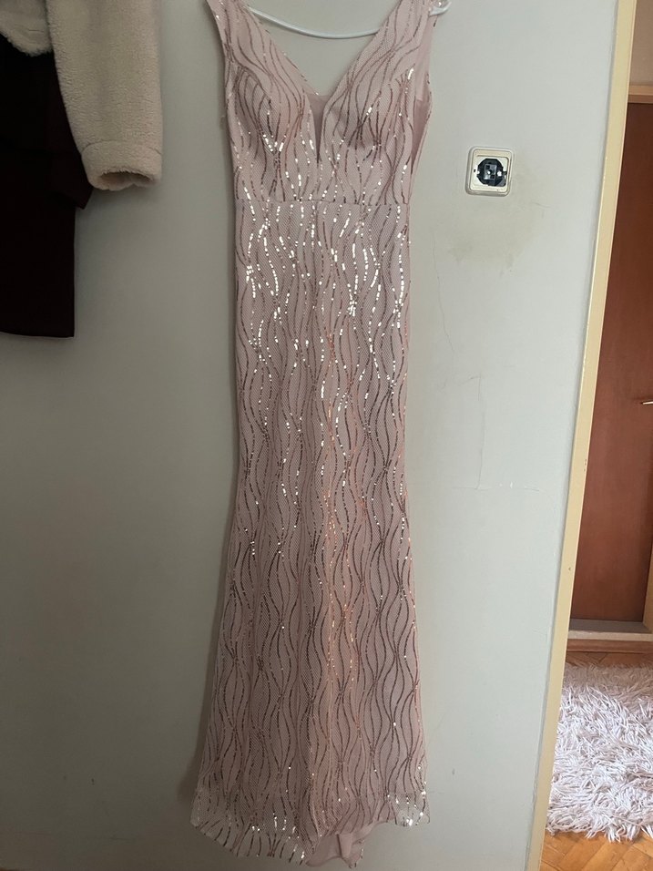 Pembe İşlemeli V Yaka Uzun Abiye Elbise - Görsel 2