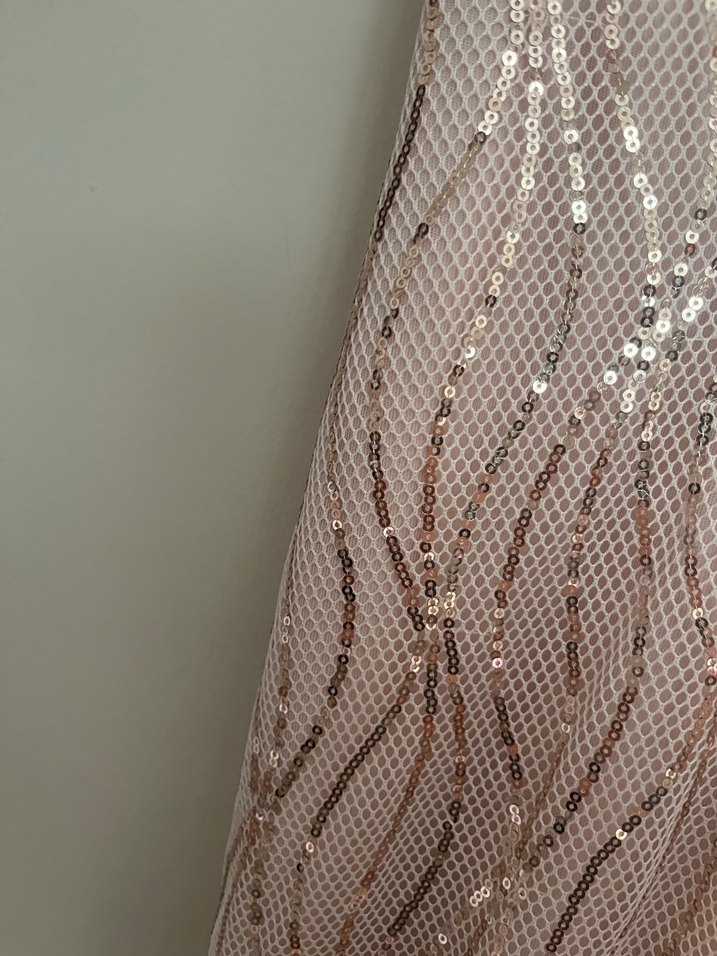 Pembe İşlemeli V Yaka Uzun Abiye Elbise - Görsel 4