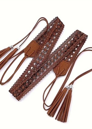 Kahverengi Bohem Kroşe Püsküllü Kadın Kemer - Görsel 3