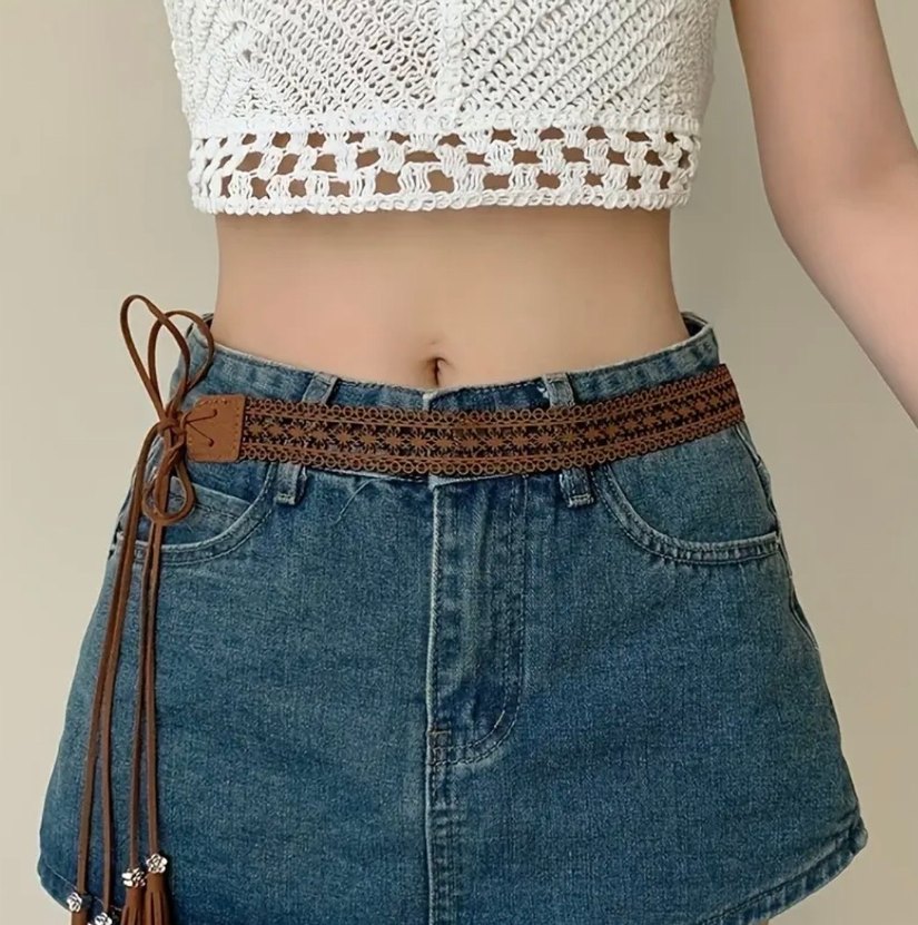 Kahverengi Bohem Kroşe Püsküllü Kadın Kemer - Görsel 4