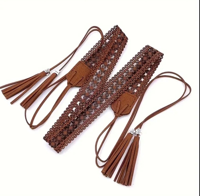 Kahverengi Bohem Kroşe Püsküllü Kadın Kemer - Görsel 3