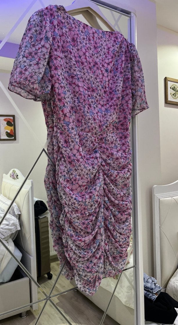 Mor Midi Bohem Tarz V Yaka Elbise - Görsel 4