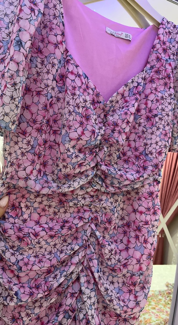 Mor Midi Bohem Tarz V Yaka Elbise - Görsel 3