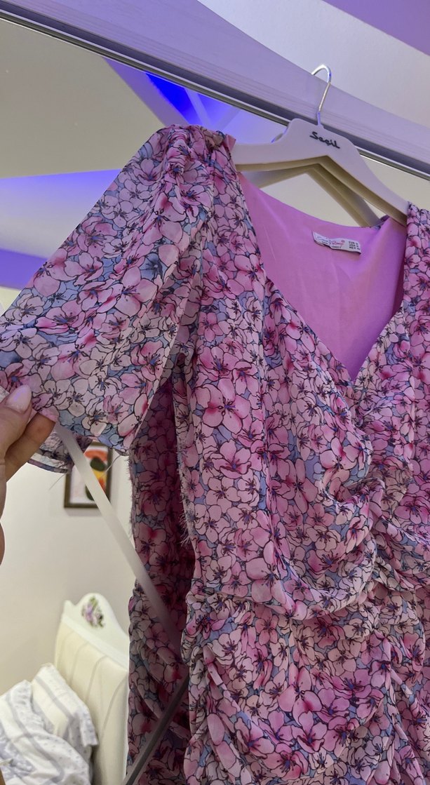 Mor Midi Bohem Tarz V Yaka Elbise - Görsel 2