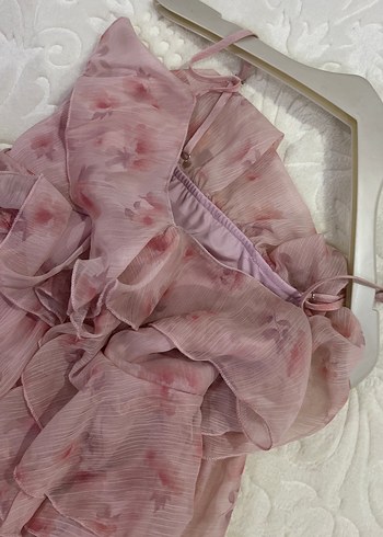 Pembe Fırfırlı Mini İp Askılı Elbise - Görsel 6