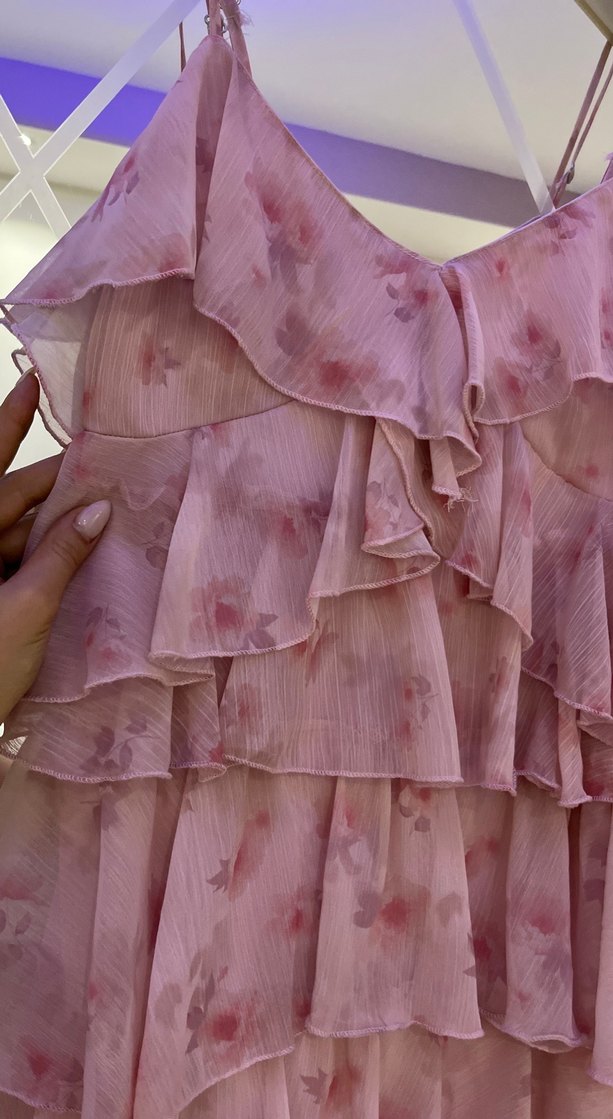 Pembe Fırfırlı Mini İp Askılı Elbise - Görsel 2