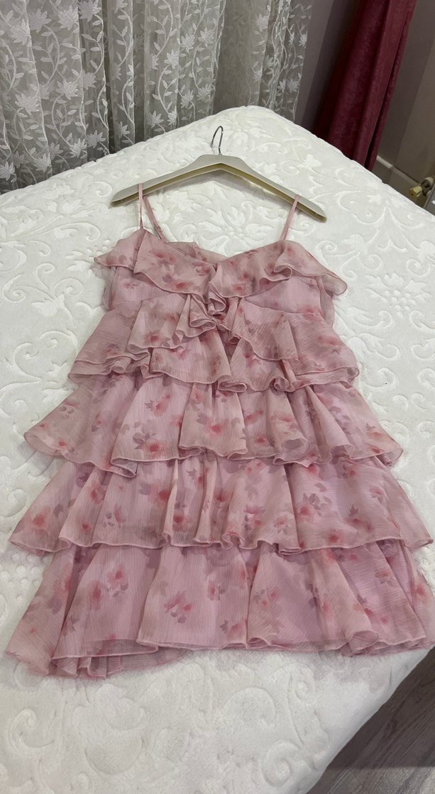 Pembe Fırfırlı Mini İp Askılı Elbise - Görsel 4