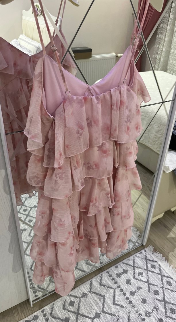 Pembe Fırfırlı Mini İp Askılı Elbise - Görsel 3