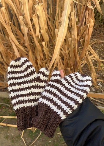Kahverengi Çizgili Örgü Kadın Eldiven - Görsel 2