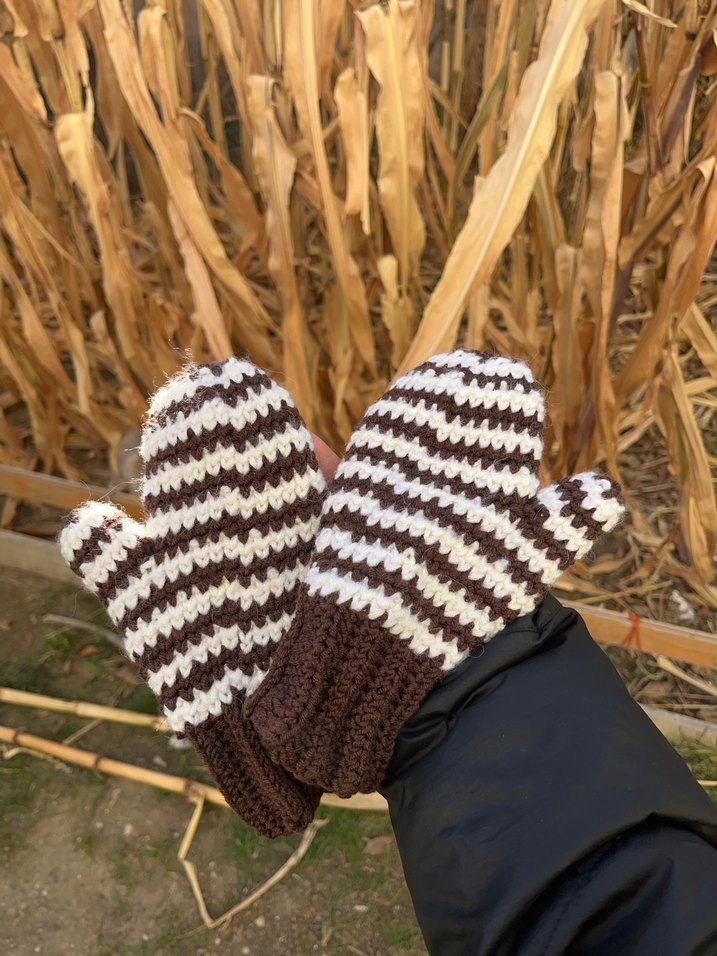 Kahverengi Çizgili Örgü Kadın Eldiven - Görsel 3