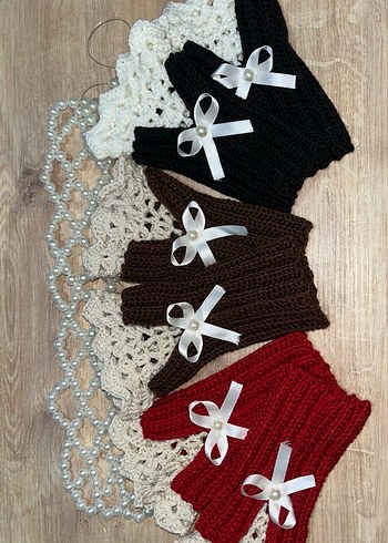 Bordo Örgü Kadın Eldivenleri İnci Detaylı - Görsel 2