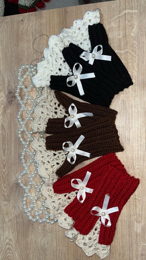 Bordo Örgü Kadın Eldivenleri İnci Detaylı - Görsel 2